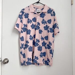 Mens Floral Polo Shirt Pink Blue Size Large Collared